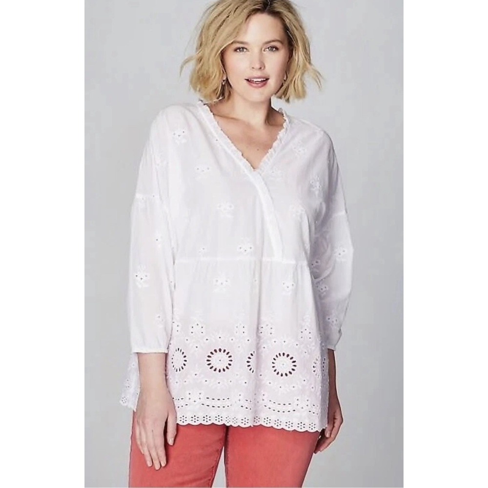 J Jill White Eyelet Embroidered Peasant Blouse Womens 2X Boho Cottagecore Top
